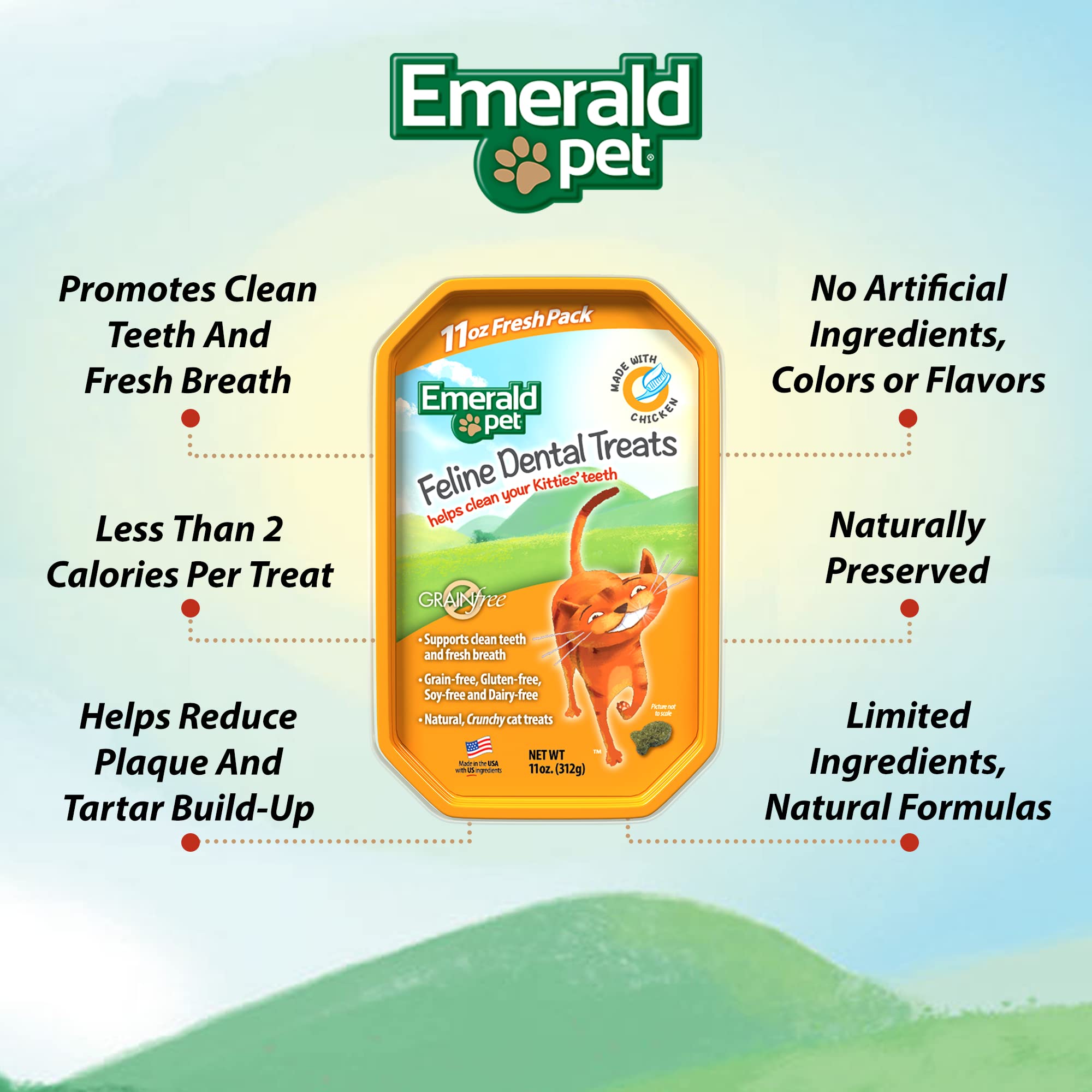 Emerald Pet cat dental treats crunch-closeup: satisfying chew action aids tartar control.