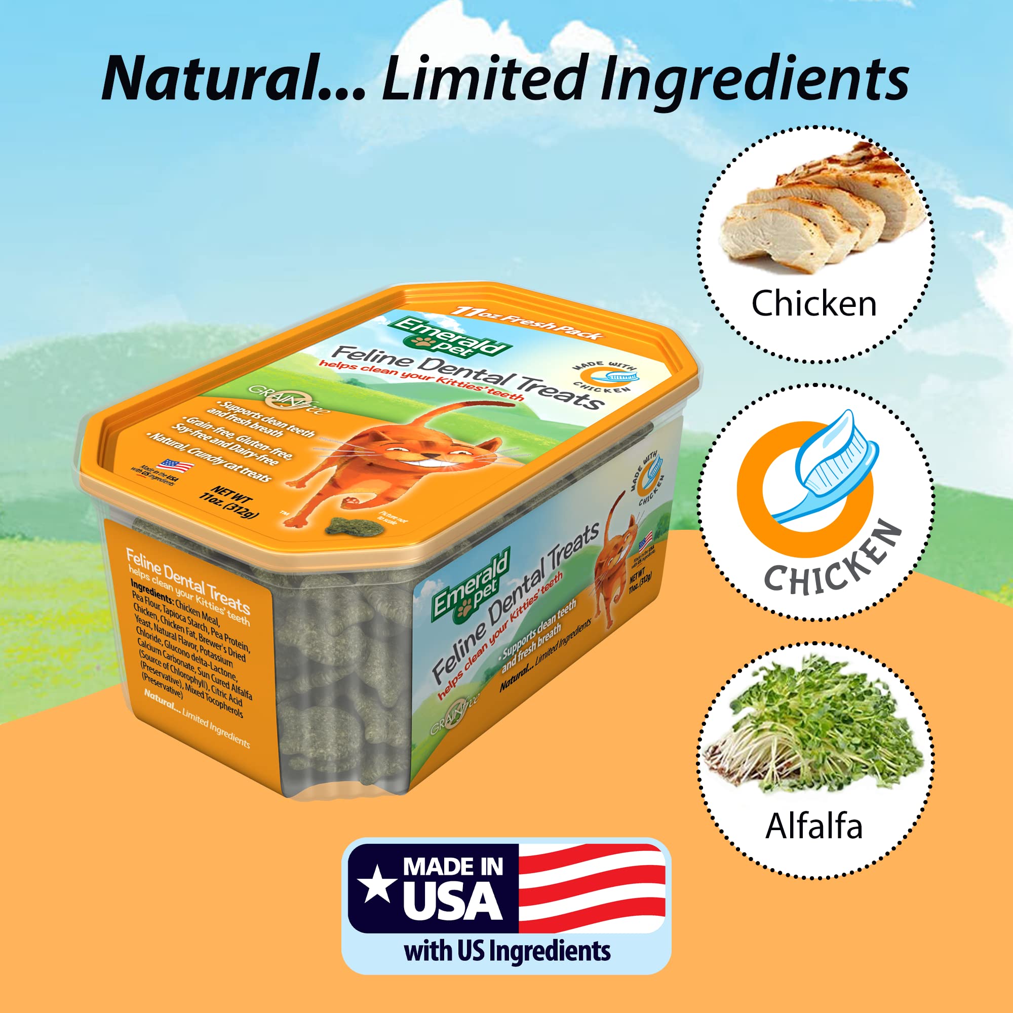 Emerald Pet cat dental treats grain-free-ingredients: suitable for cats with sensitivities.