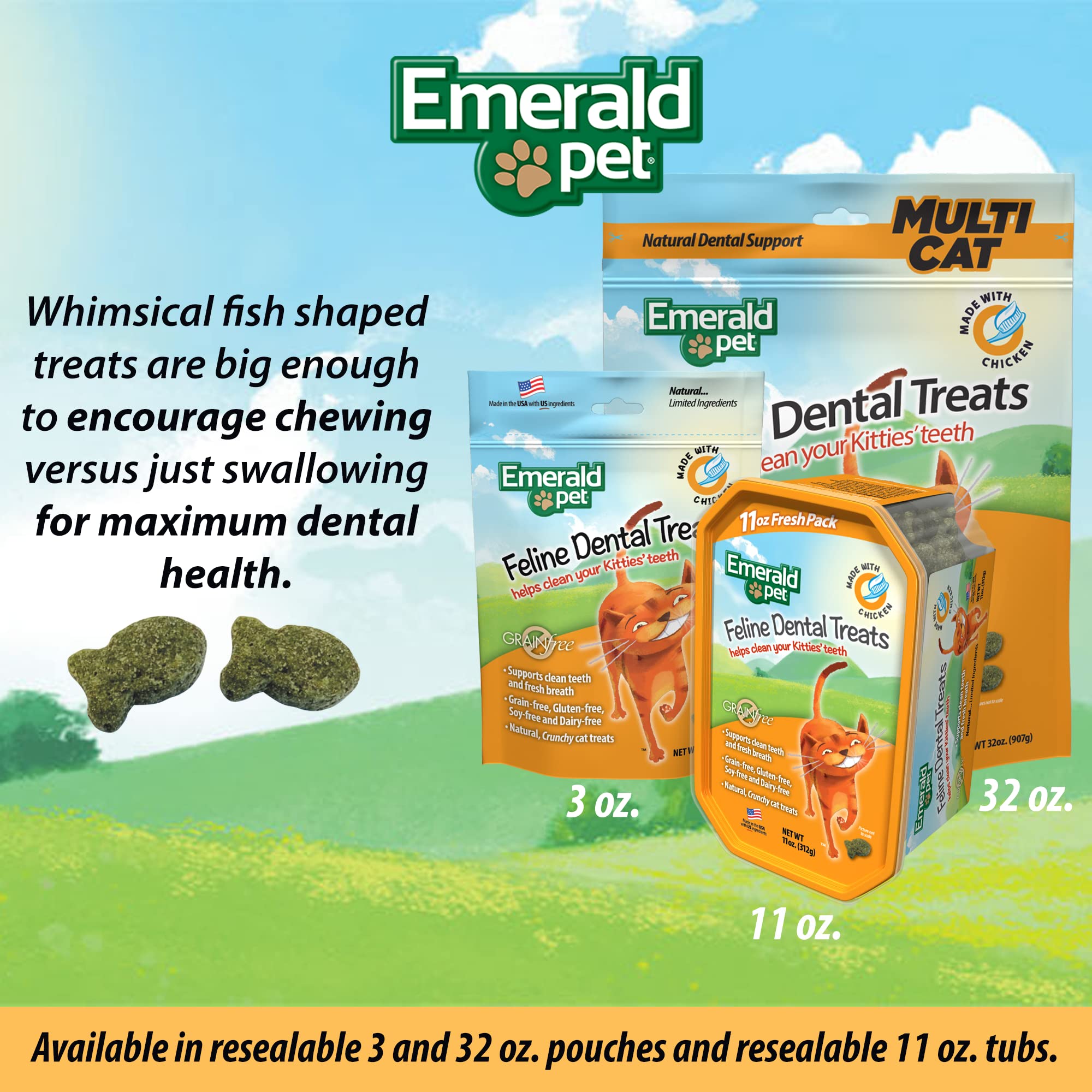 Emerald Pet six-flavor lineup: Chicken, Salmon, Tuna, Ocean Fish, Turducky, Catnip.