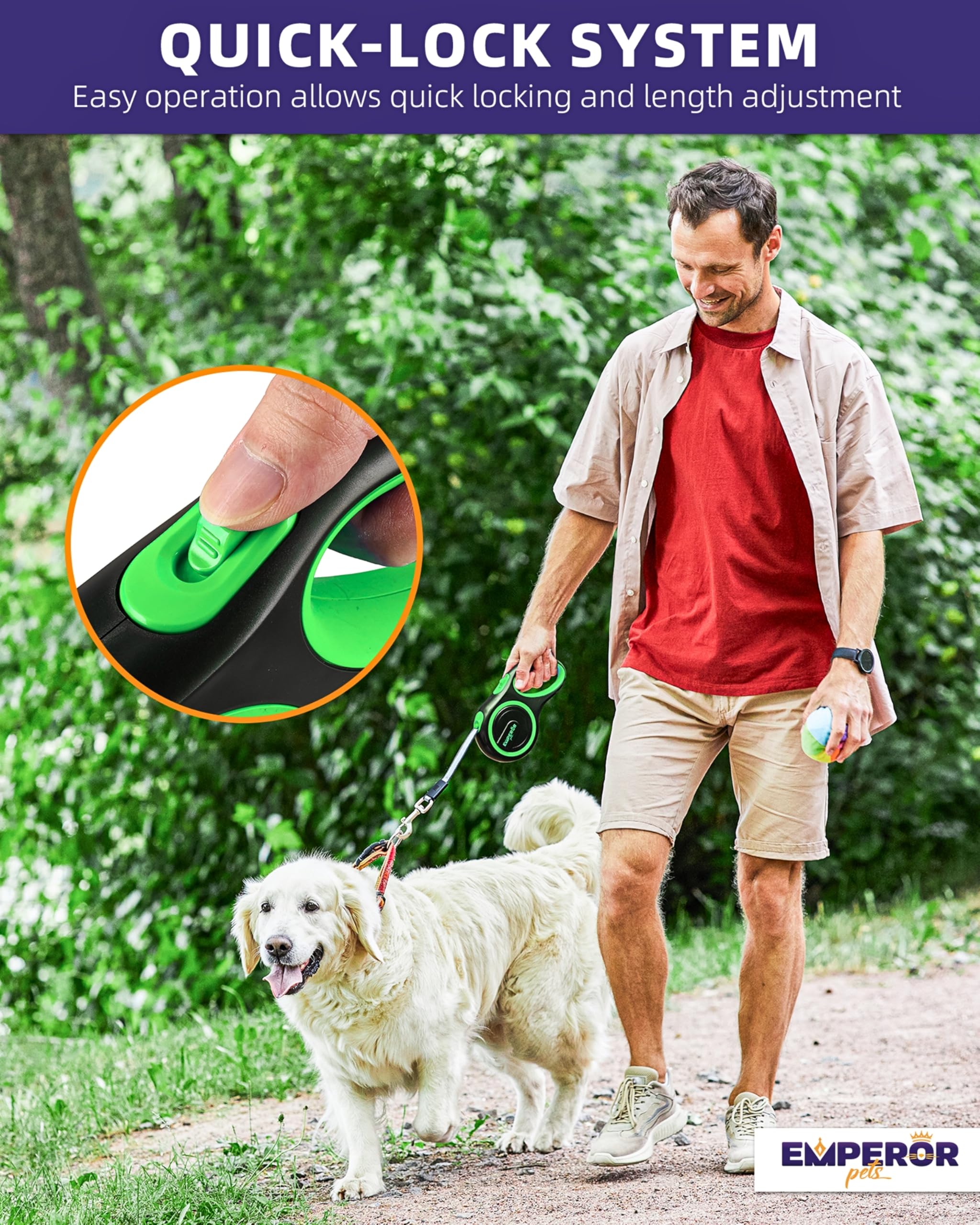 Emperor Pets 26ft leash anti-slip handle reduces fatigue on long walks.