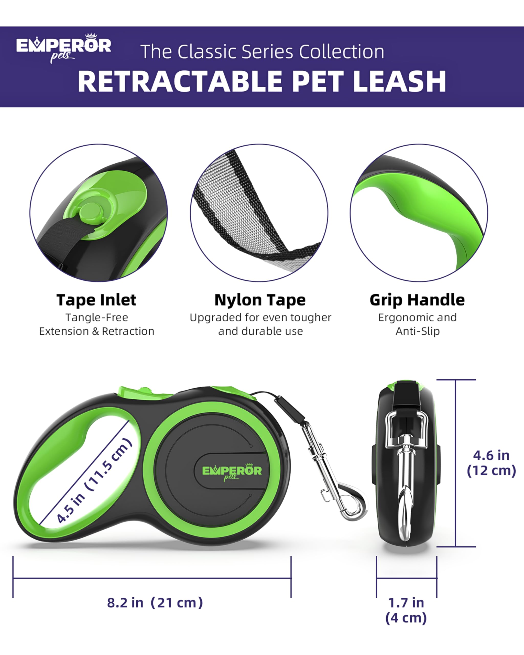 Emperor Pets 26ft leash lock button promotes precise control during strolls.
