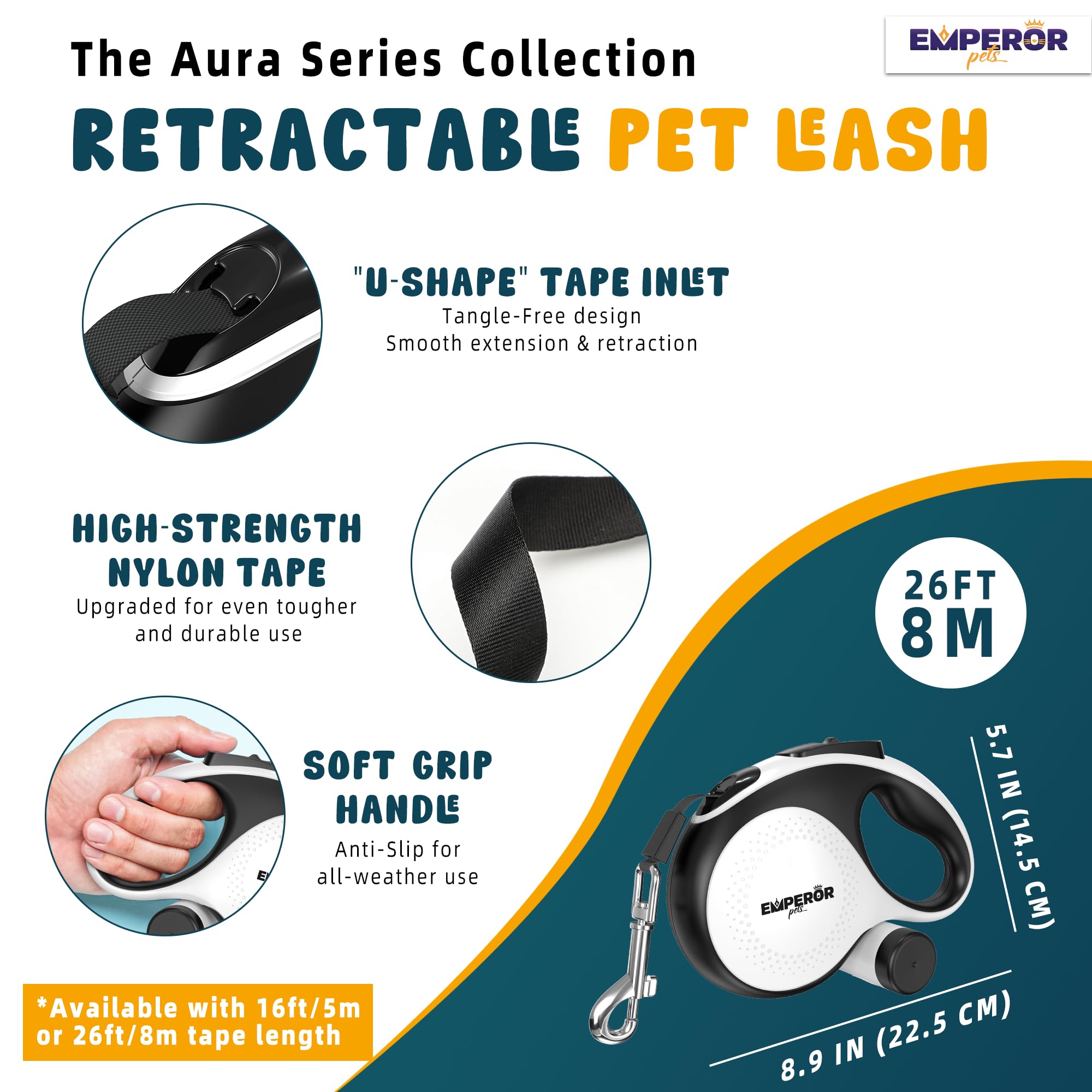 Emperor Pets retractable leash anti-slip handle provides secure grip during runs