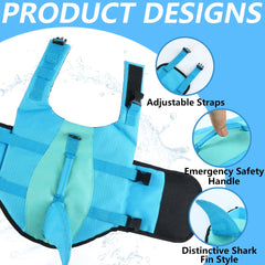 EMUST Shark dog life vest back view highlighting reflective strips for visibility.