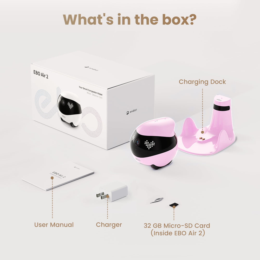Enabot EBO Air 2 Robin Pink box contents include dock, charger, and microSD.