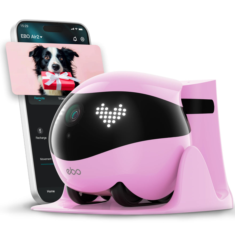 Enabot EBO Air 2 Robin Pink charging dock for continuous monitoring.