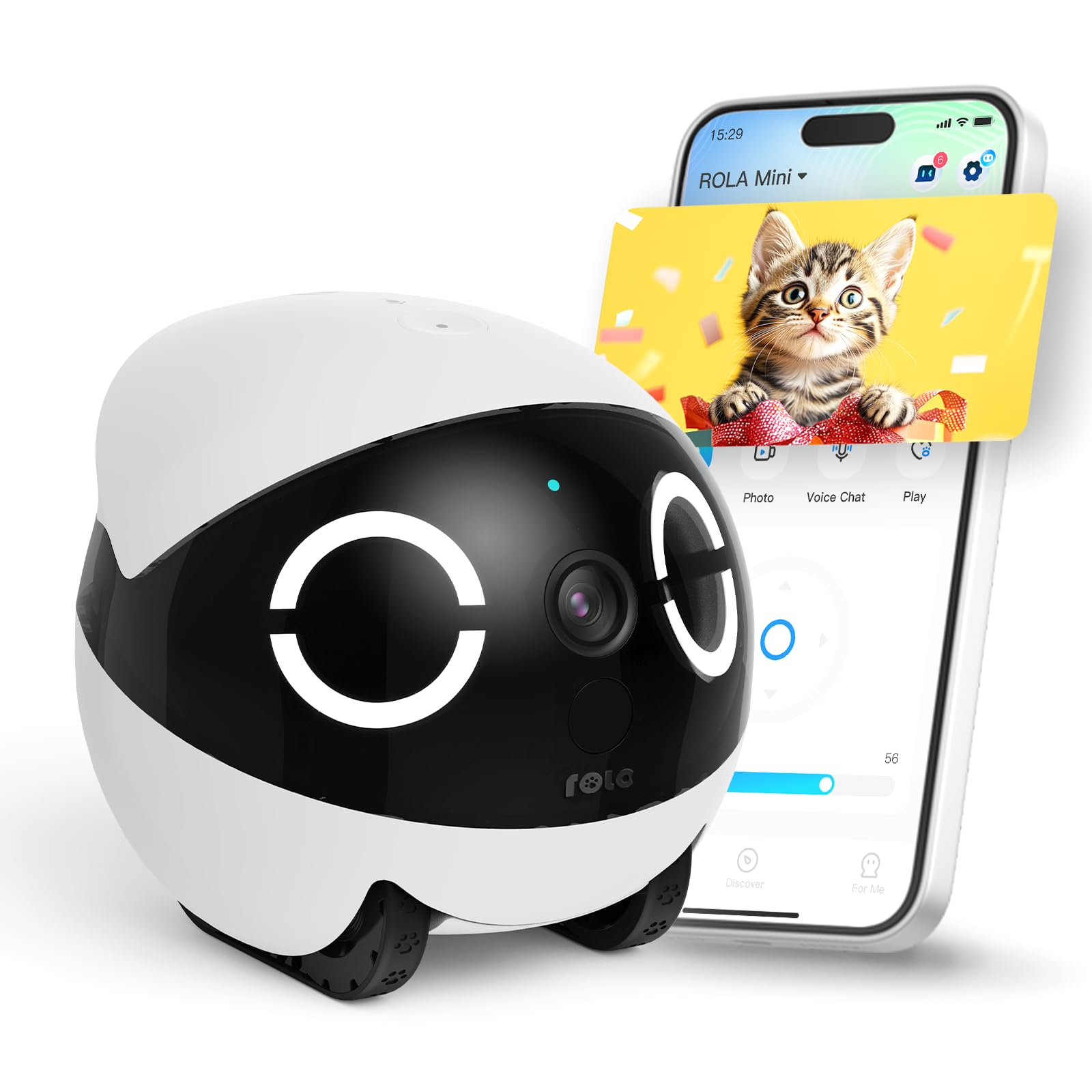 Enabot EBO ROLA Mini front view shows compact indoor design for versatile home monitoring.
