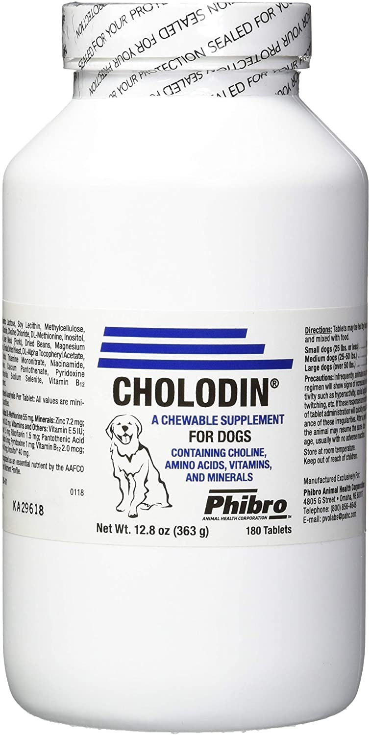 EnerCal Cholodin dog chew tablets bottle supports daily vitality and coat health.