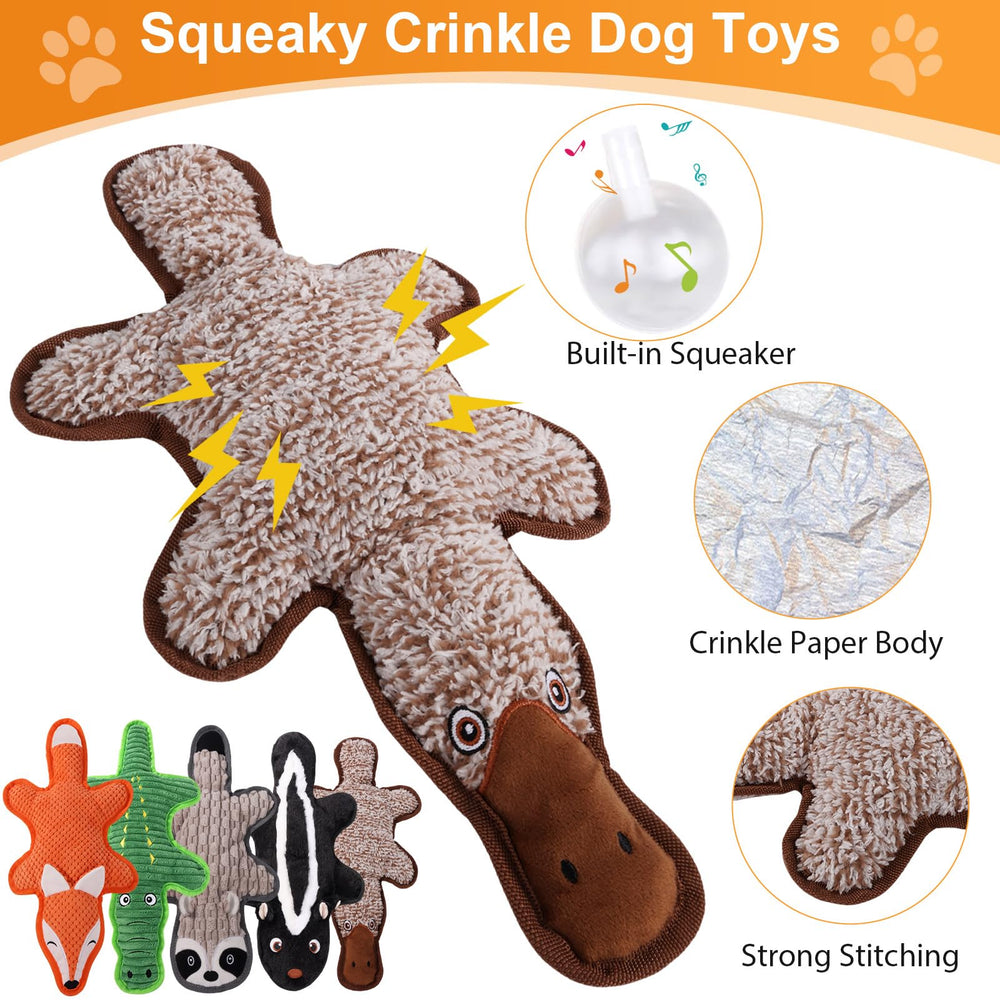 Eneston raccoon no-stuffing toy with squeaker and crinkle sounds for interactive fun.