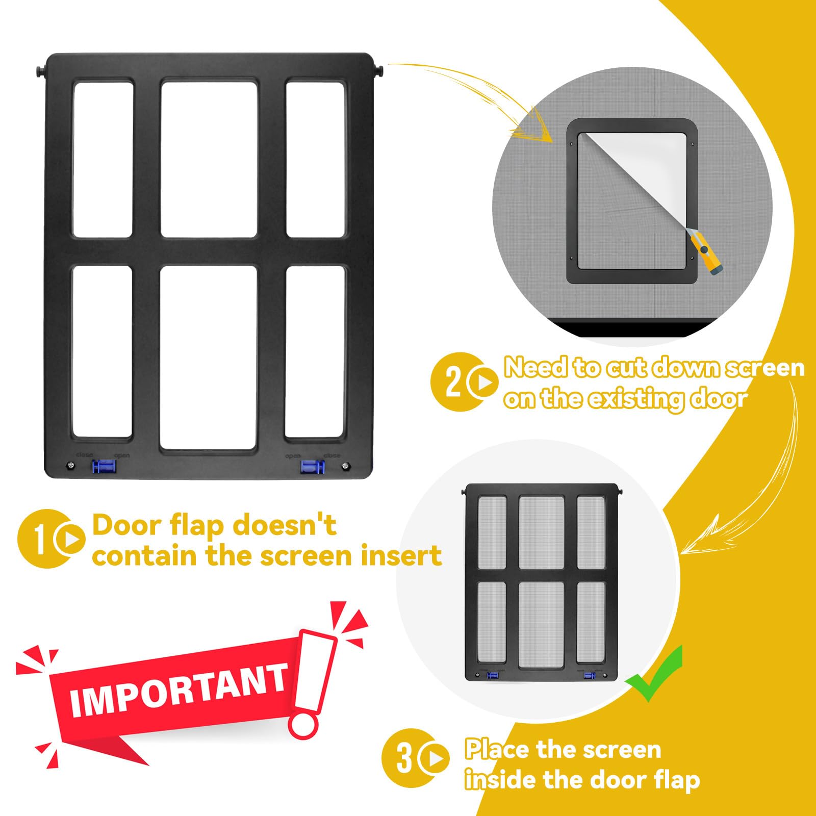 Enjoying dog door screen two-way operation with magnets slows the flap after each pass.