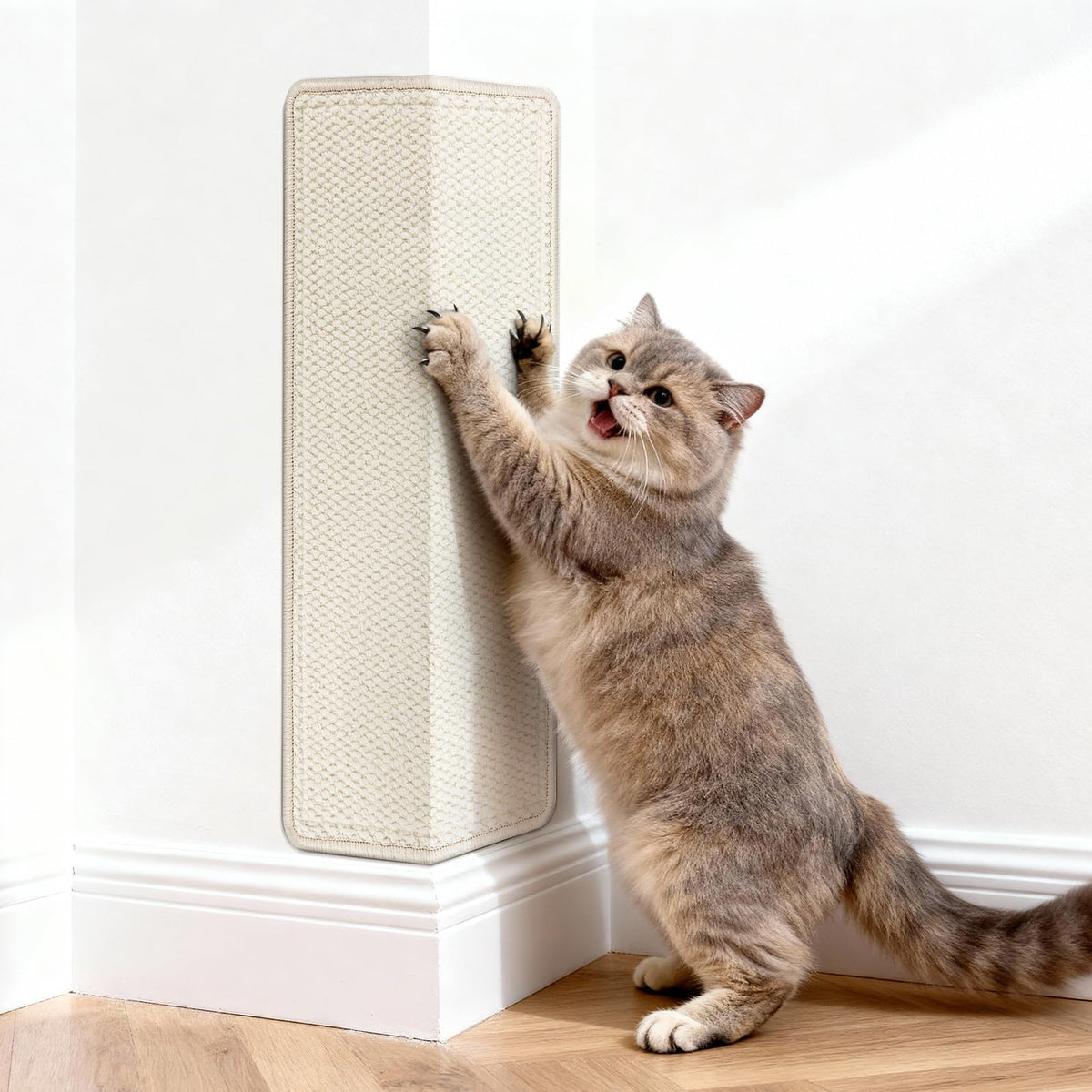 ENONCI wallcorner scratcher with faux sisal pad for durable scratching.