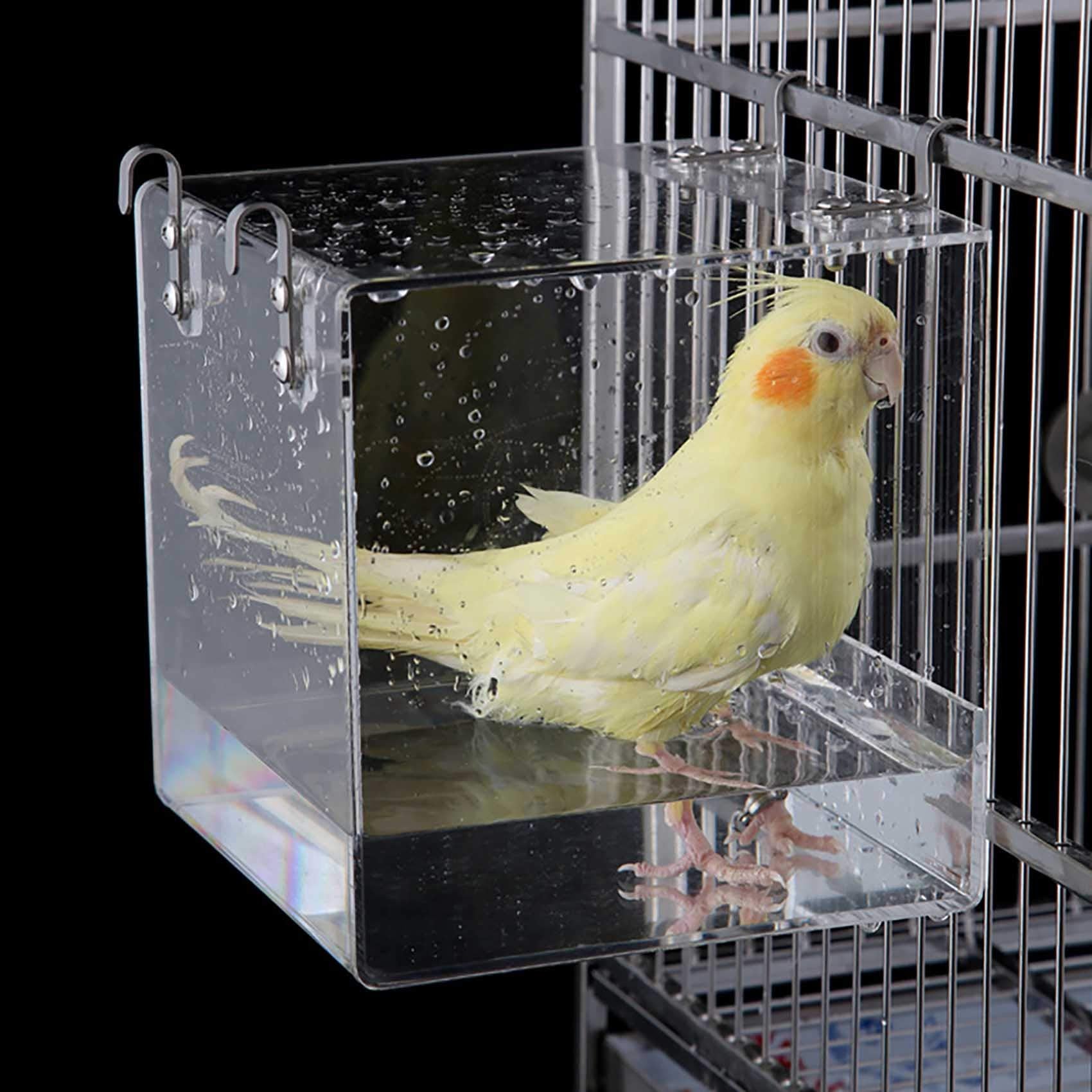 EnoYoo bird bath cage with hanging hooks attached to a cage for a refreshing rinse.