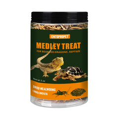 Entopropet dried mealworms and crickets medley in bottle for easy reptile feeding.