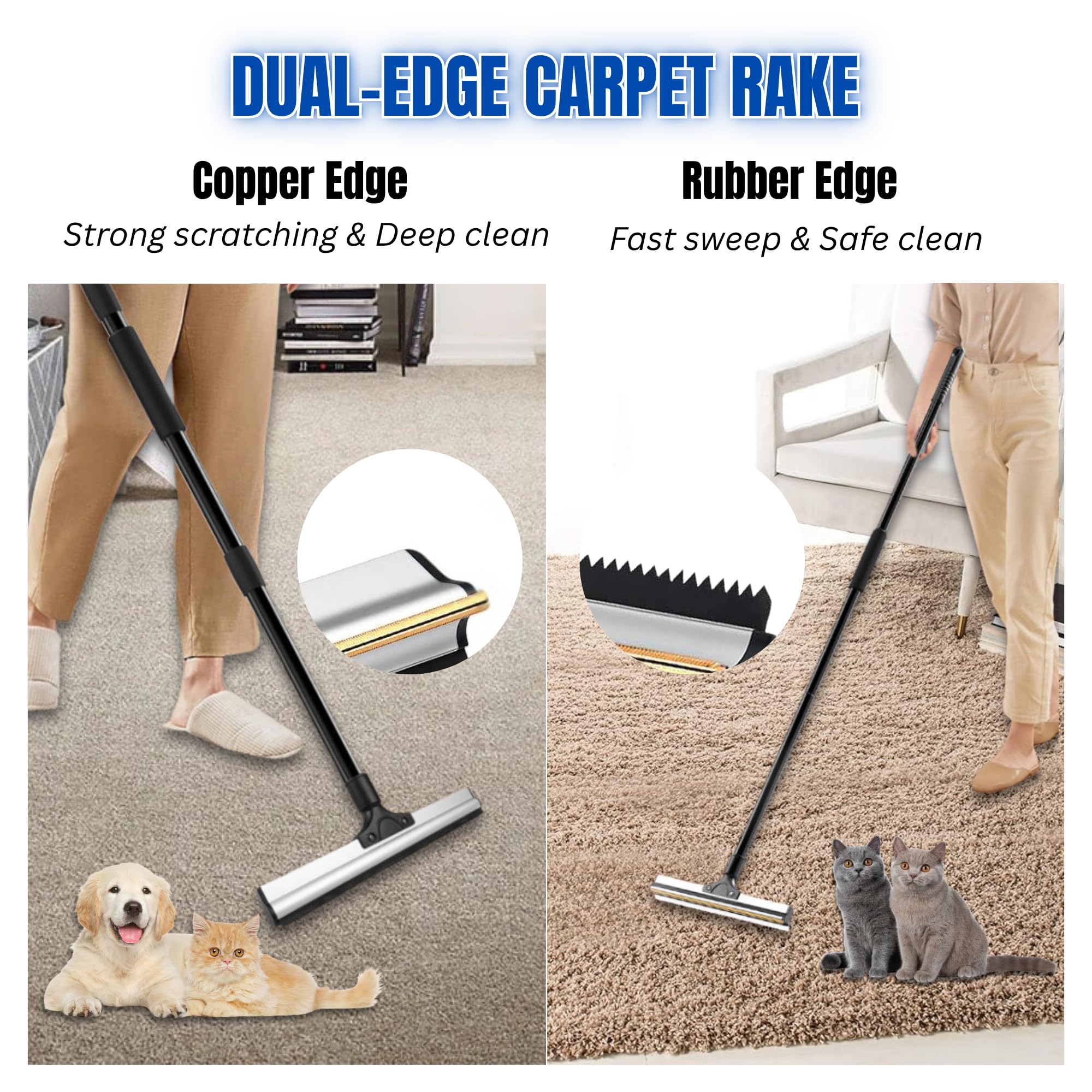 ENUKYCOM Dual-Edge Carpet Rake extended 61-inch handle ready for cleaning