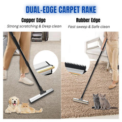 ENUKYCOM Dual-Edge Carpet Rake extended 61-inch handle ready for cleaning