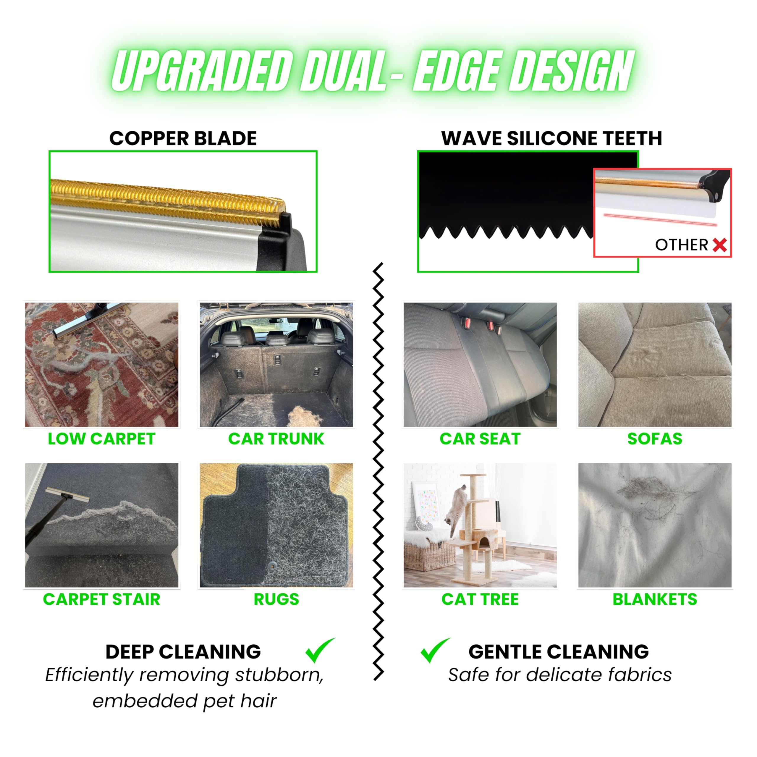 ENUKYCOM Dual-Edge Carpet Rake in action removing hair from a scene