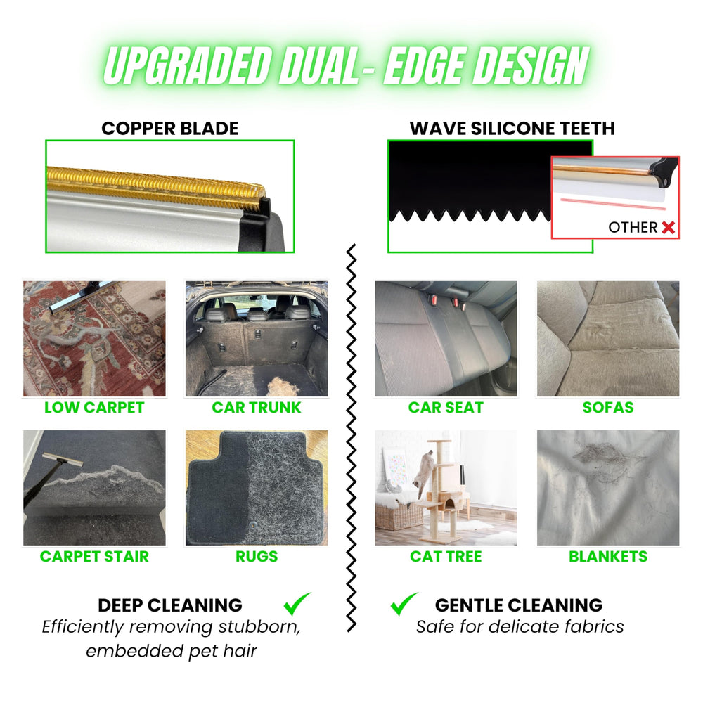 ENUKYCOM Dual-Edge Carpet Rake in action removing hair from a scene