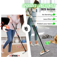 ENUKYCOM Dual-Edge Carpet Rake showing toothed rubber edge gathering loose fur