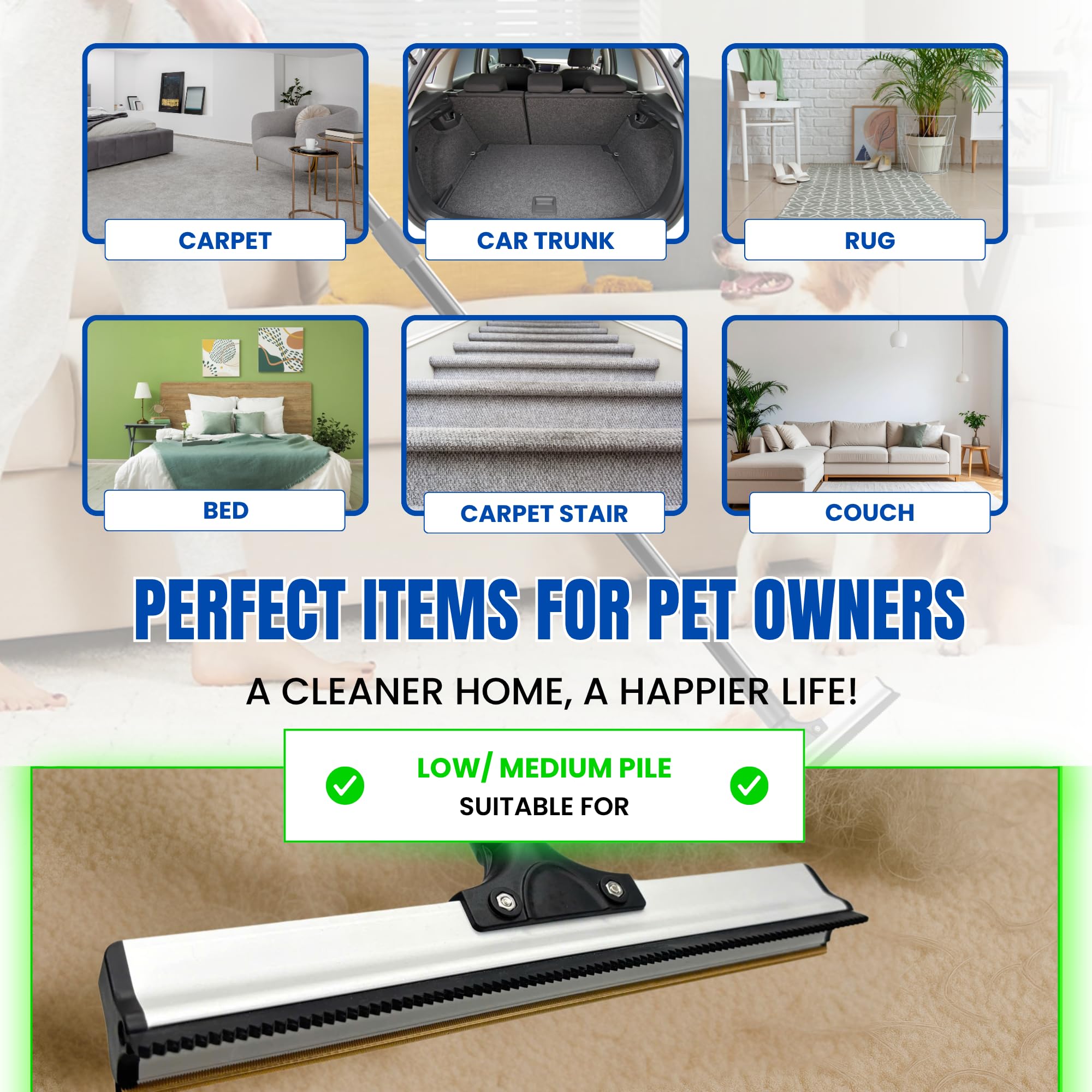 ENUKYCOM Dual-Edge Carpet Rake reaching under furniture