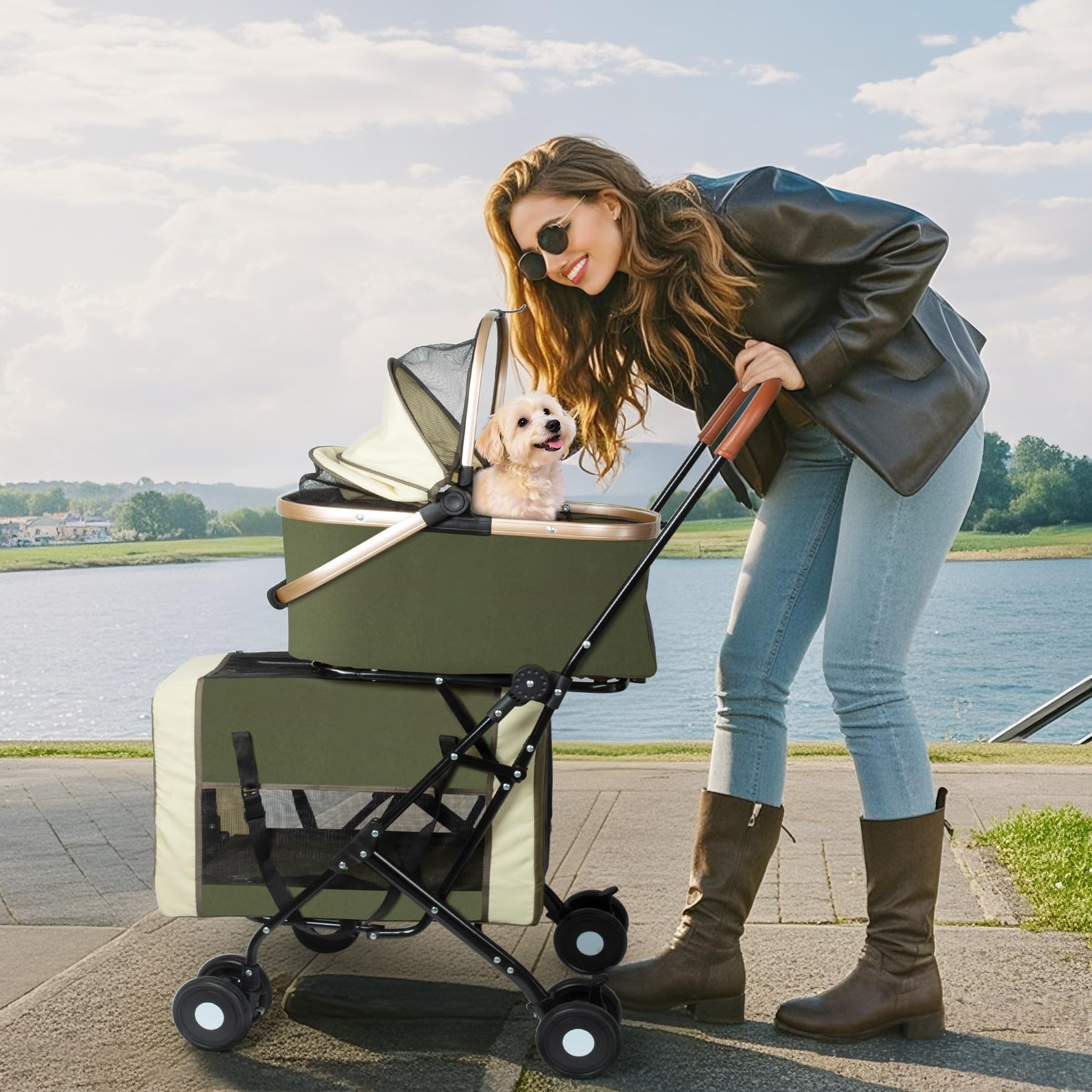 ENVTEK double pet stroller with detachable carriers for two small to medium pets