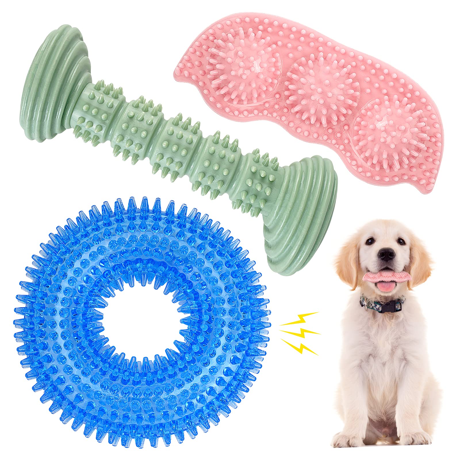 ENZZROA dog chew toy donut squeaker for teething relief.