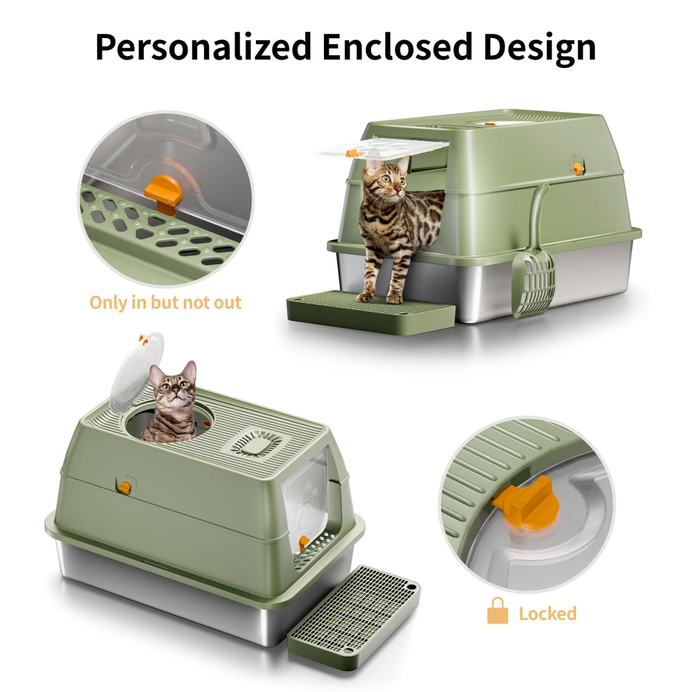 Eosarcu high-walls litter box provides privacy and splash reduction.