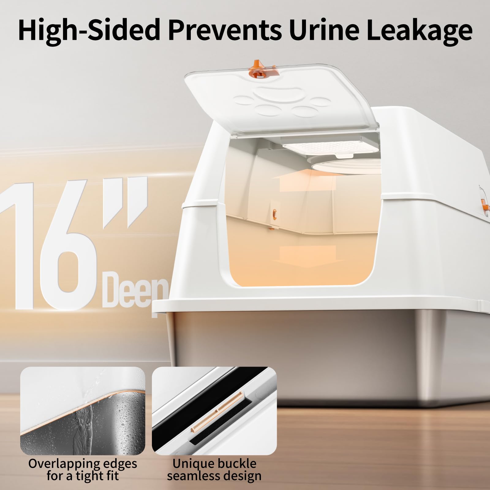 Eosarcu high-sides enclosure inside view shows 16-inch depth for urine containment.