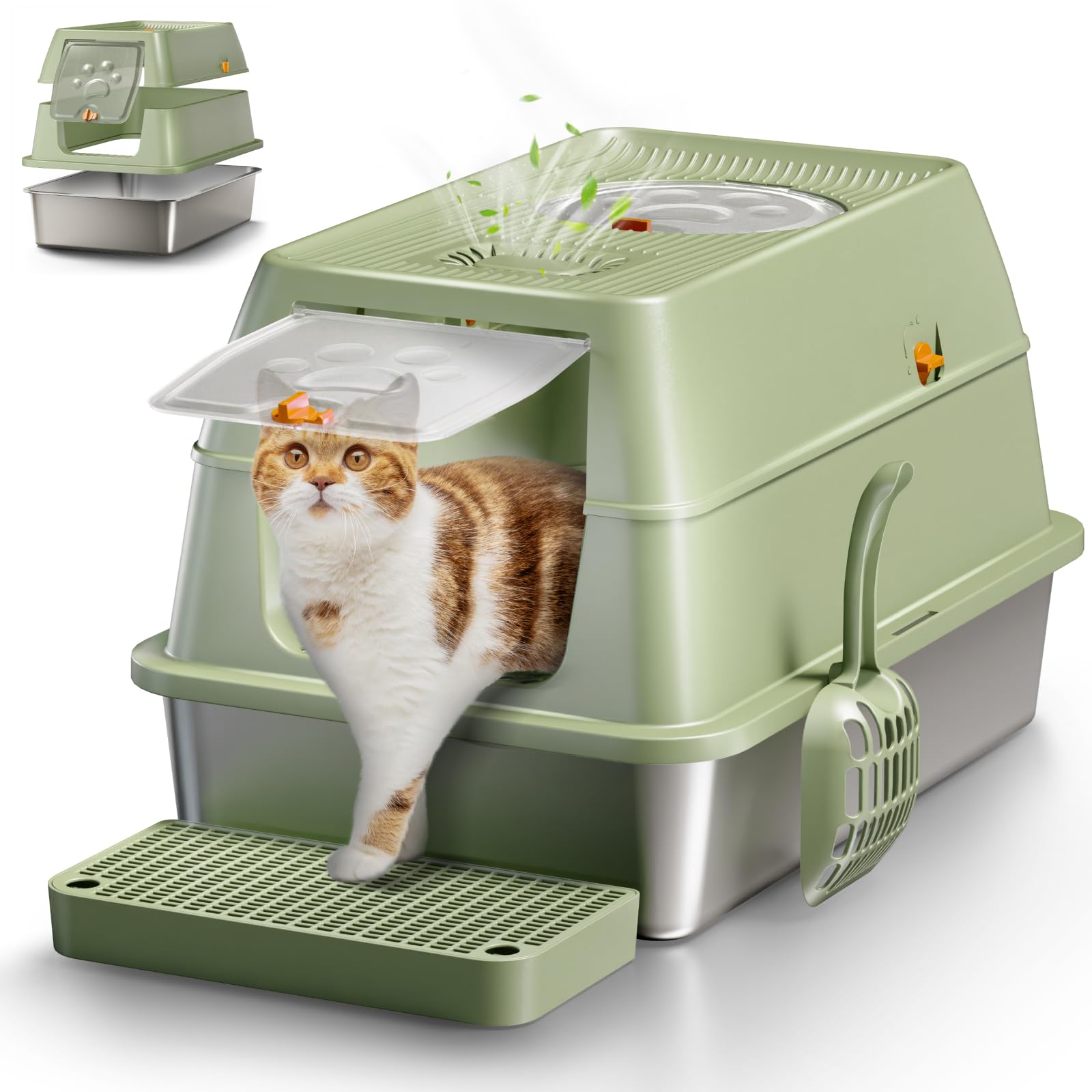 Eosarcu stainless steel litter box front entrance reduces tracking and odors.