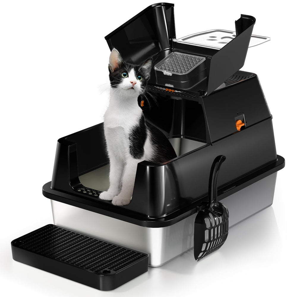 Eosarcu stainless steel cat litter box with flip-top lid for quick cleaning.