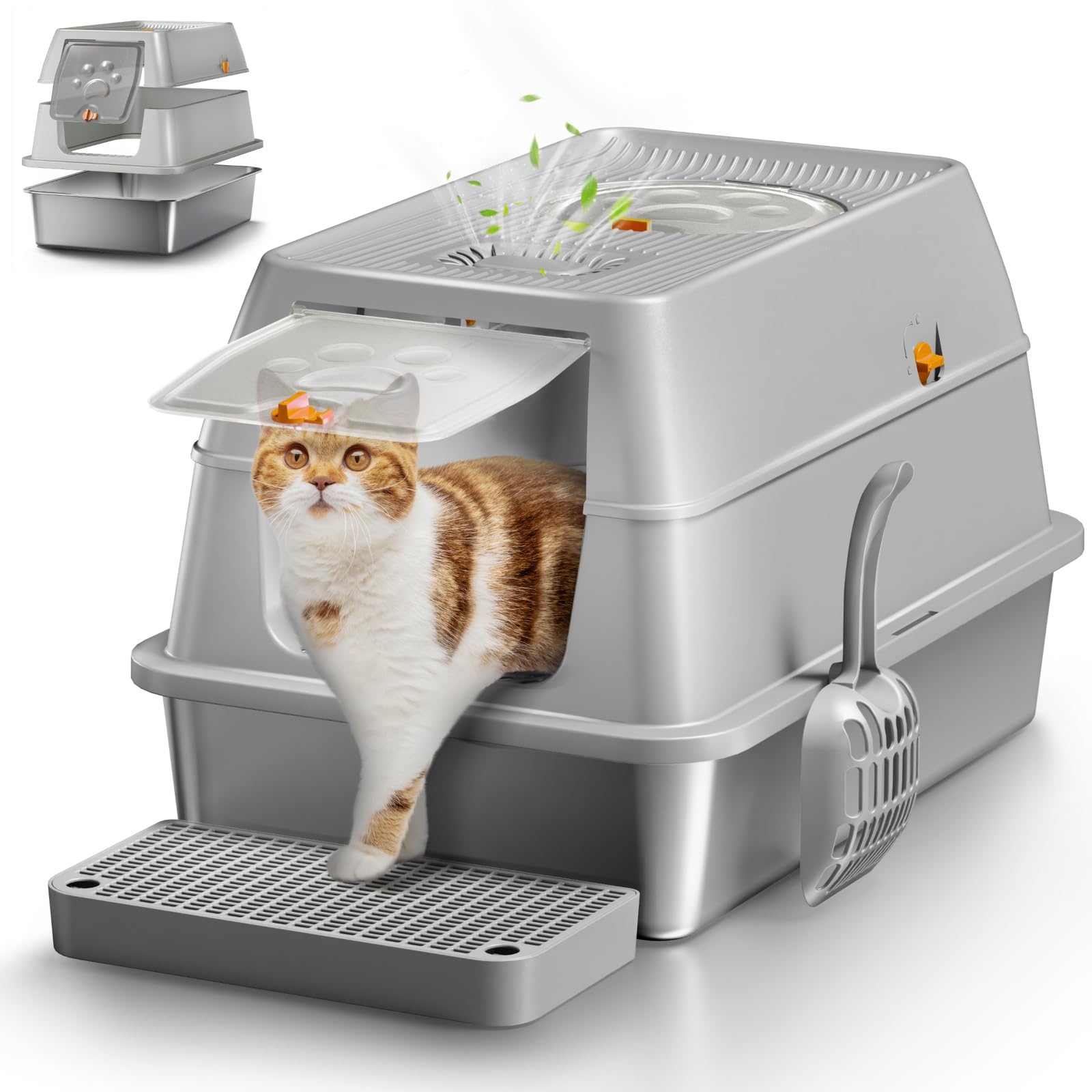 Eosarcu stainless steel litter box with lid; front view shows tidy, concealed space