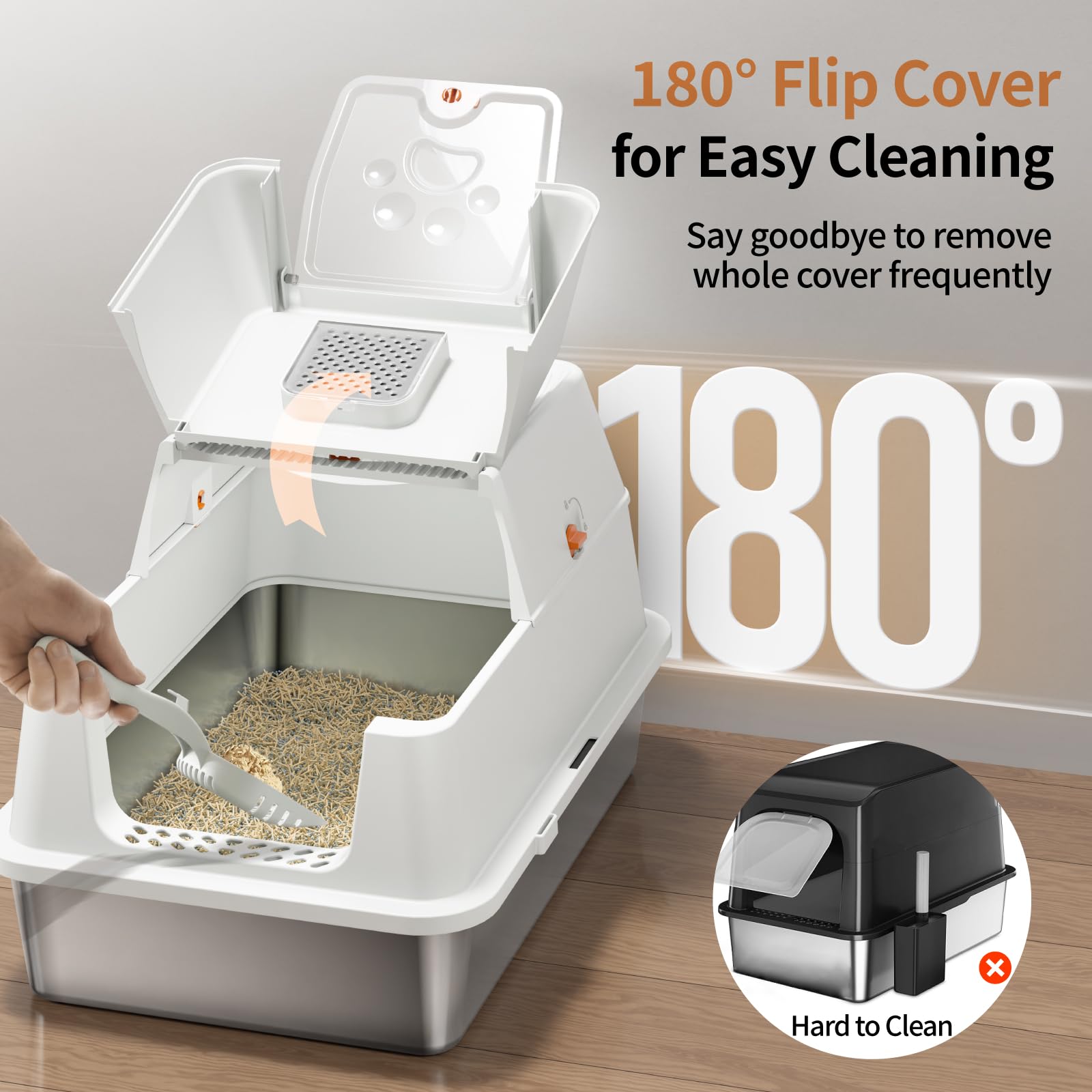 Eosarcu XL enclosed inside view with tall 16-inch sides to reduce spills and tracking.