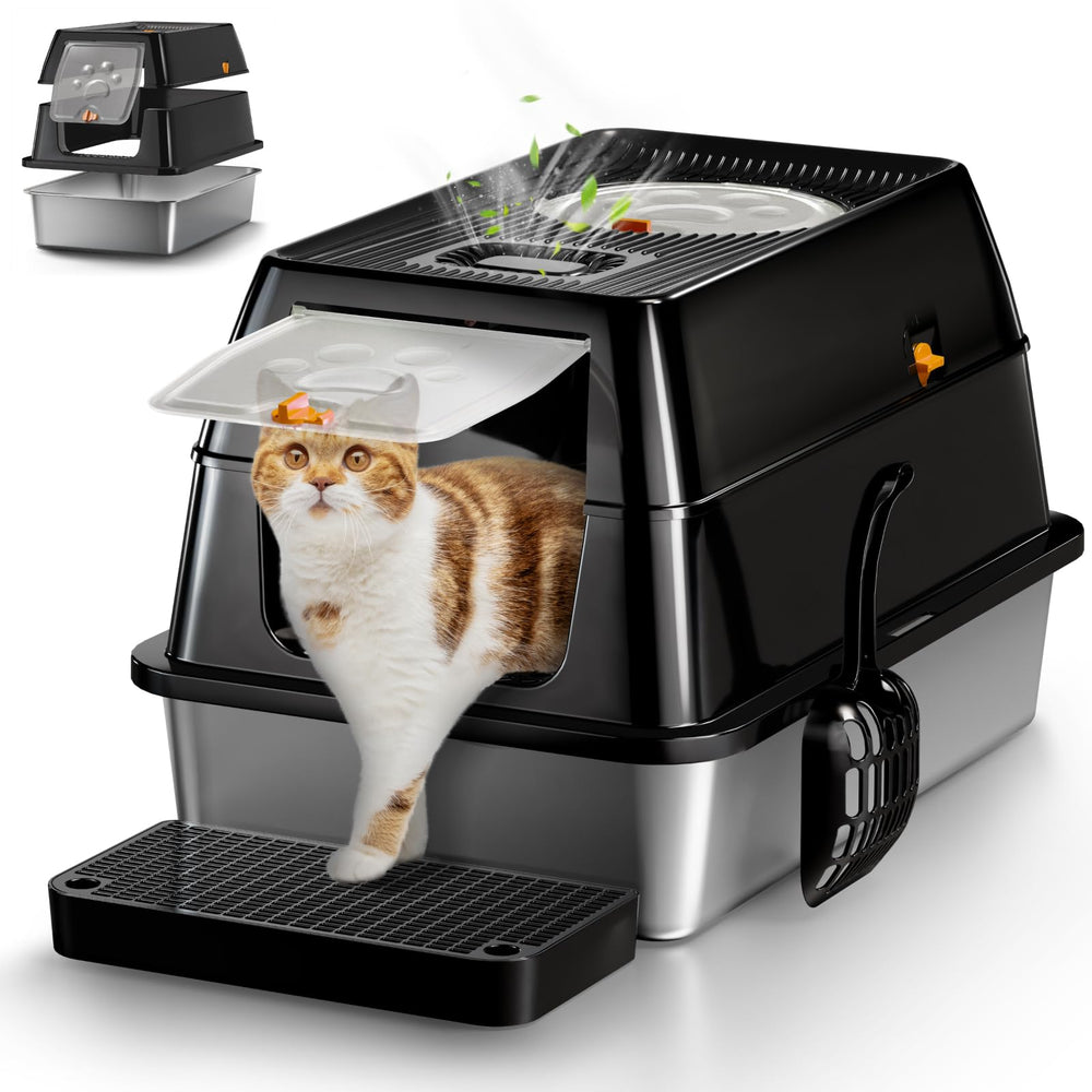 Eosarcu XL stainless steel litter box with lid shows odor control and clean appearance.