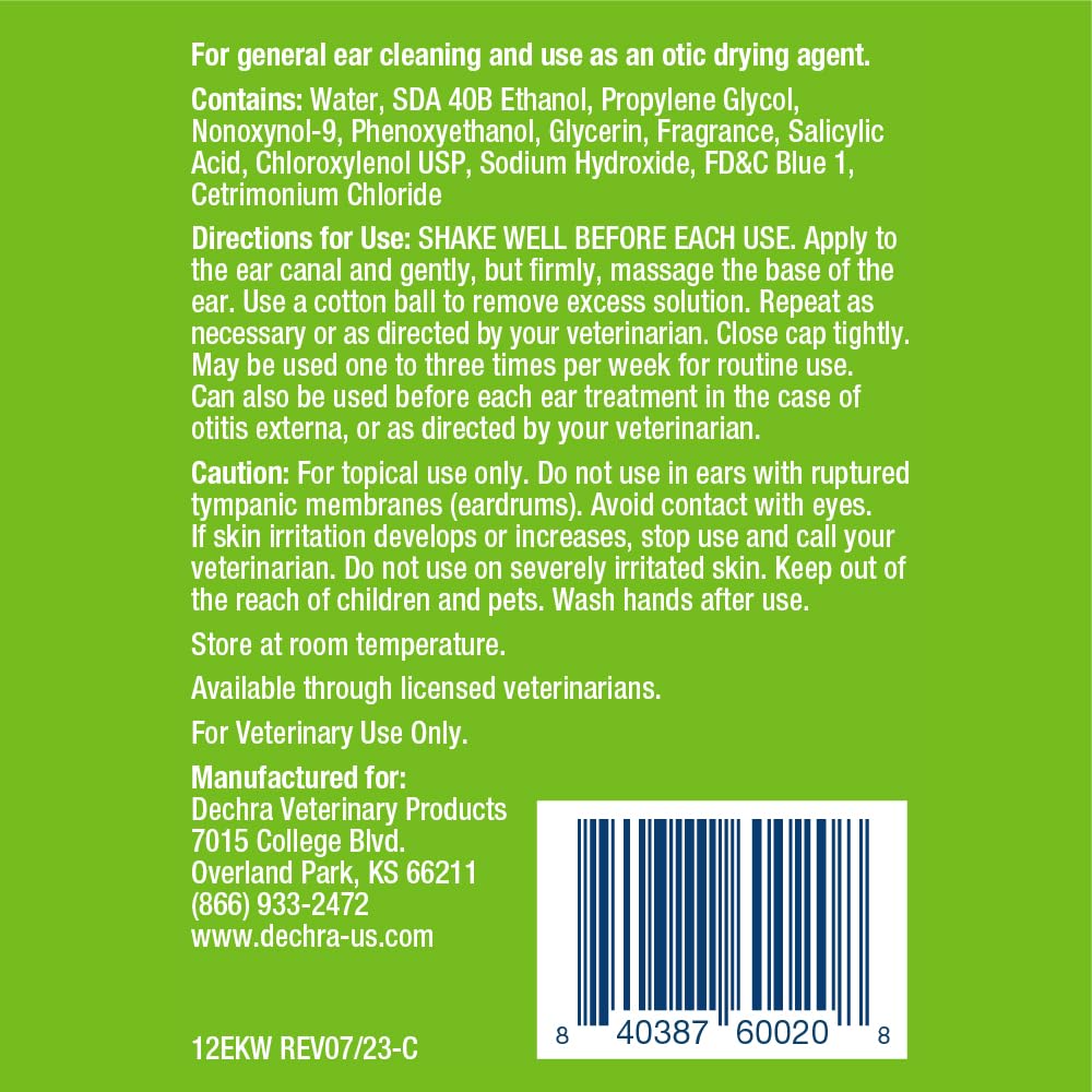 Close-up of EpiKlean Ear Cleanser bottle label shows pet-safe, general ear cleaning use.