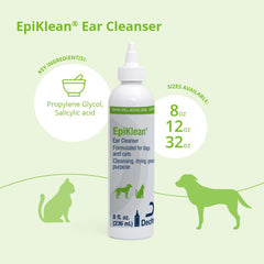 EpiKlean Ear Cleanser dog-use scene shows debris removal during routine cleaning