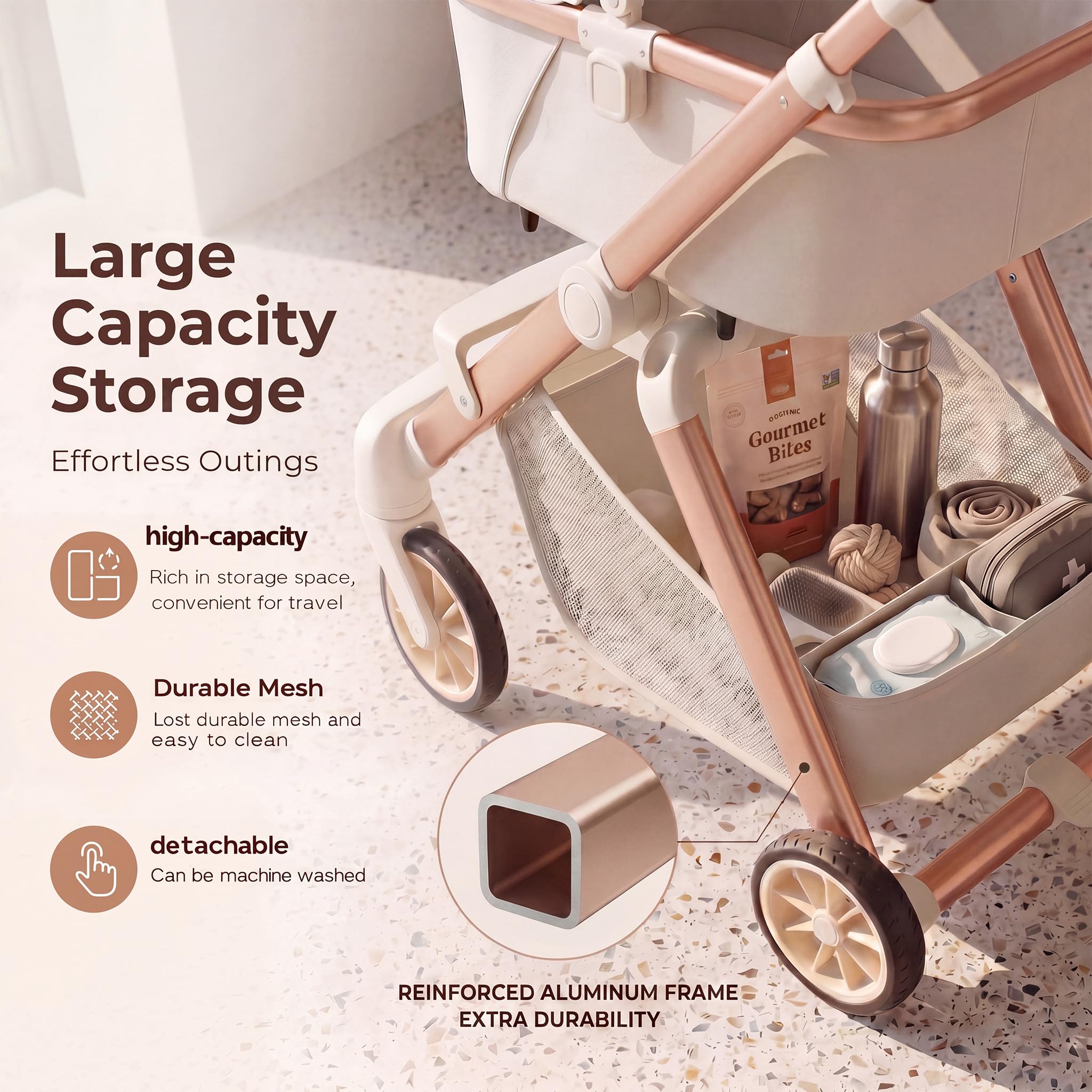 EPPMagice all-terrain stroller beige brake engaged for secure stop