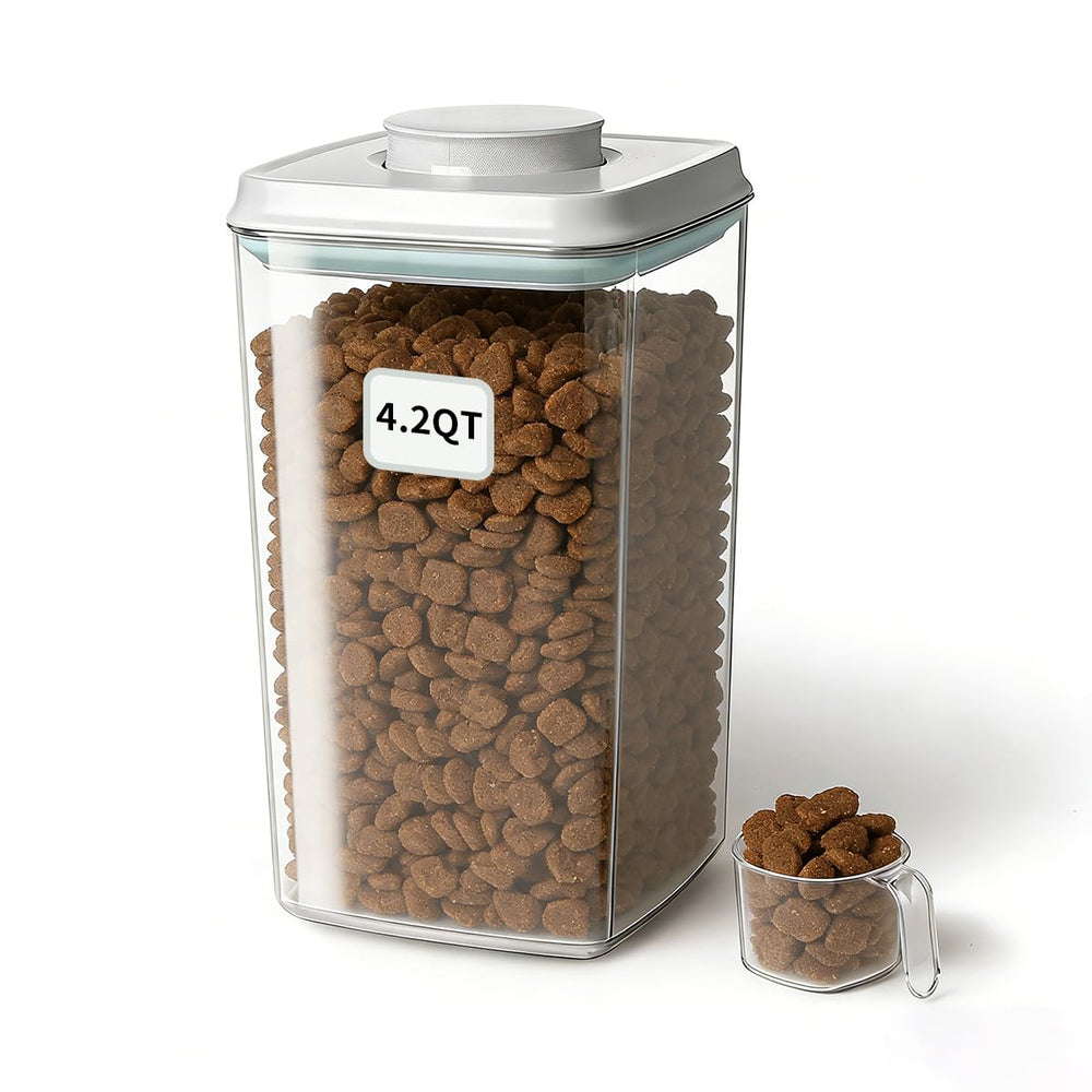 EQI dog food storage container with one-touch lid for quick, convenient feeding.