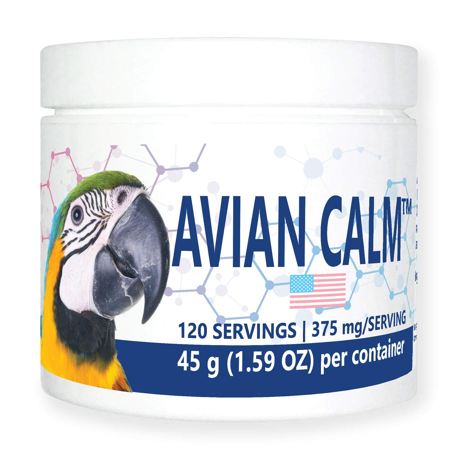 Equa Holistics Avian Calm bottle shown, supporting calm behavior for parrots.