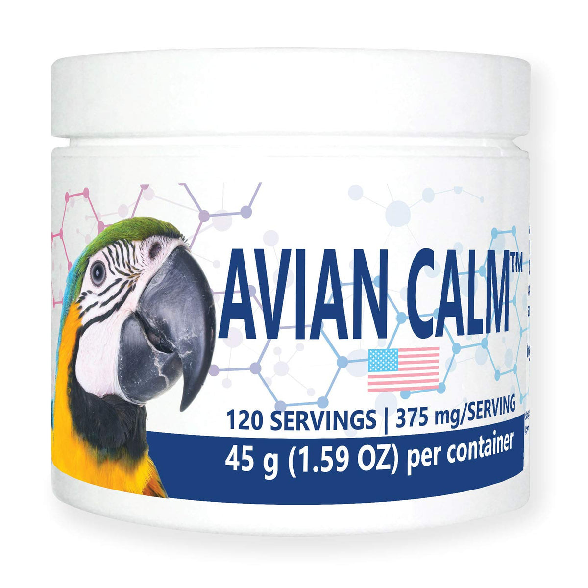 Equa Holistics Avian Calm bottle shown, supporting calm behavior for parrots.