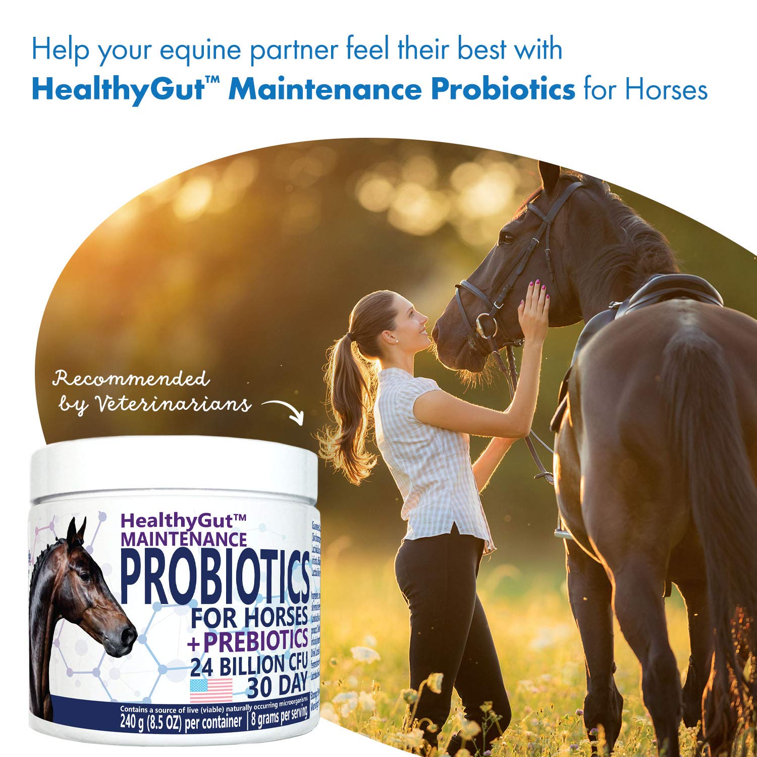 Equa Holistics HealthyGut dosing action showing single daily intake for hind gut support