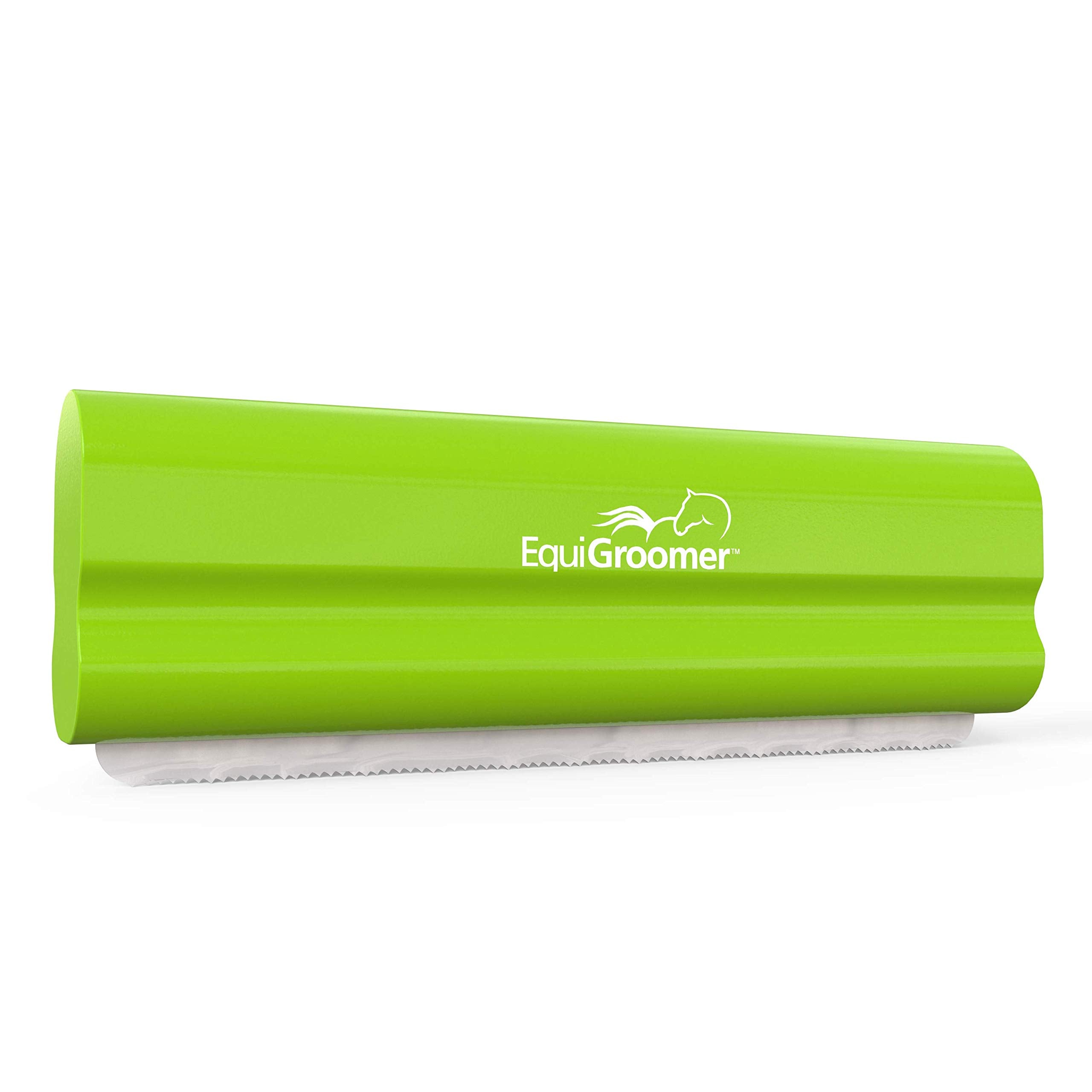 EquiGroomer EasyGroomer deshedding brush close-up on lime handle removes loose fur efficiently