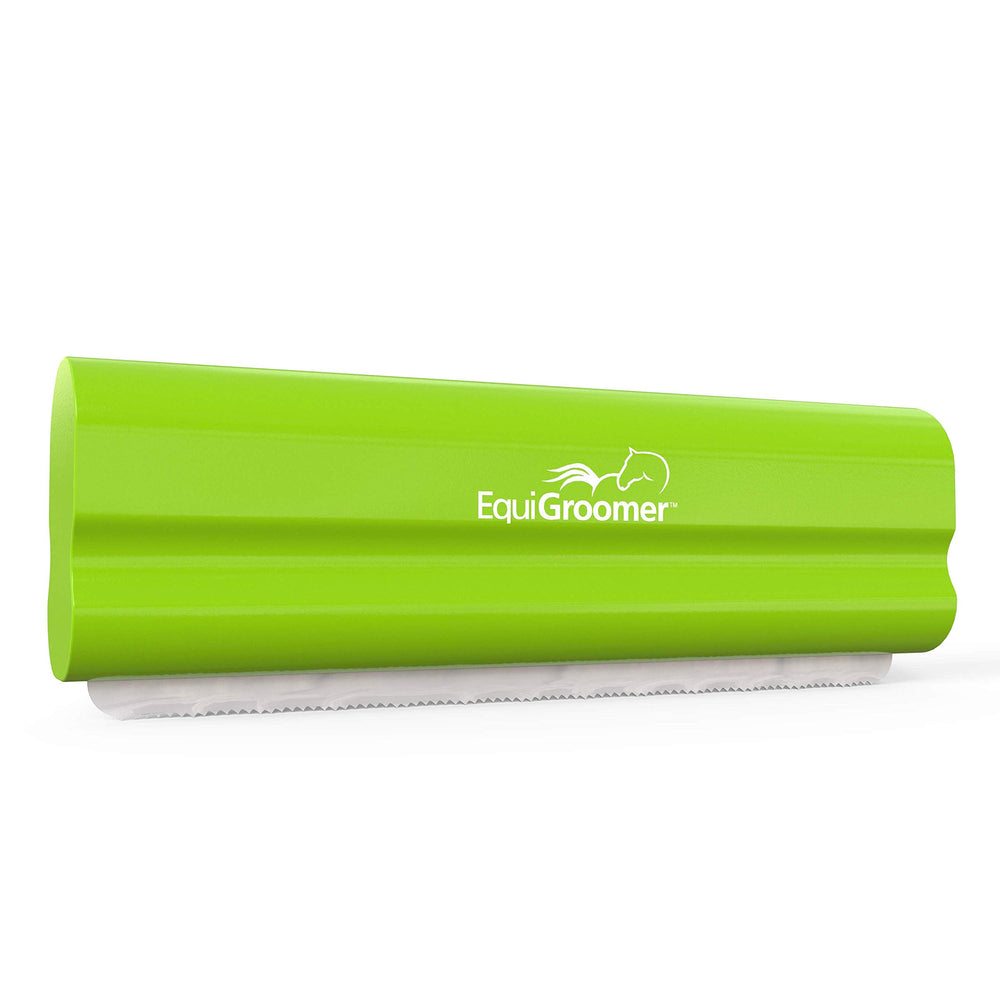 EquiGroomer EasyGroomer deshedding brush close-up on lime handle removes loose fur efficiently