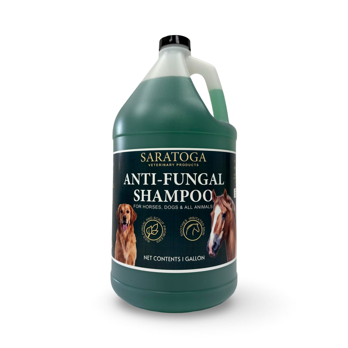 EQUI-SPAZ Saratoga antifungal shampoo bottle for horses showing coat care benefits