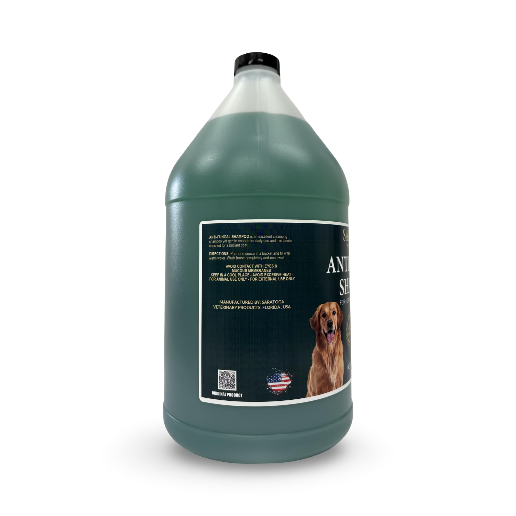 Close-up of EQUI-SPAZ Saratoga shampoo label indicating veterinary-grade formula for horses