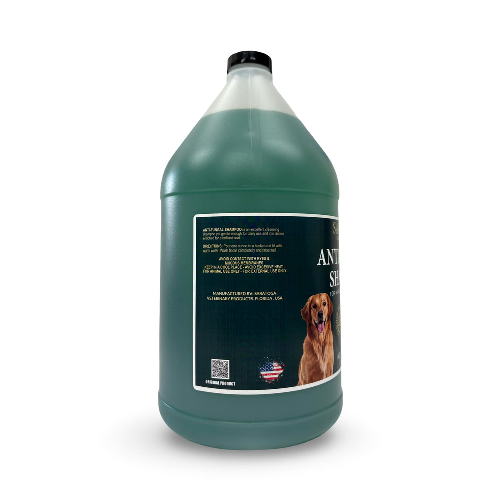 Close-up of EQUI-SPAZ Saratoga shampoo label indicating veterinary-grade formula for horses