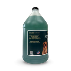 Close-up of EQUI-SPAZ Saratoga shampoo label indicating veterinary-grade formula for horses