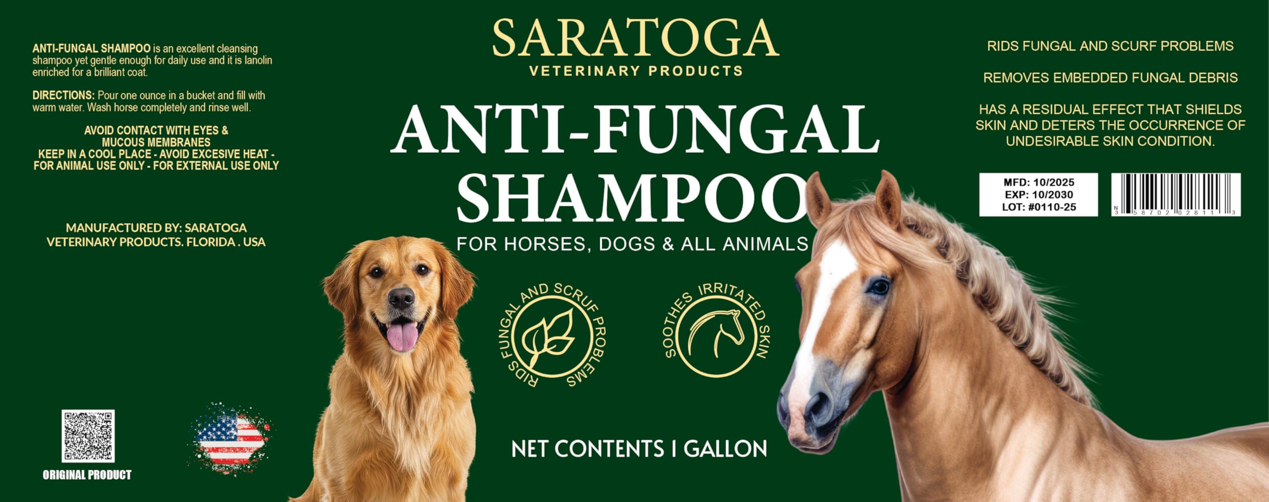 Large 1-gallon tub of EQUI-SPAZ Saratoga antifungal shampoo for regular grooming