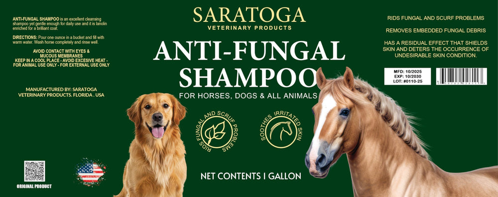Large 1-gallon tub of EQUI-SPAZ Saratoga antifungal shampoo for regular grooming