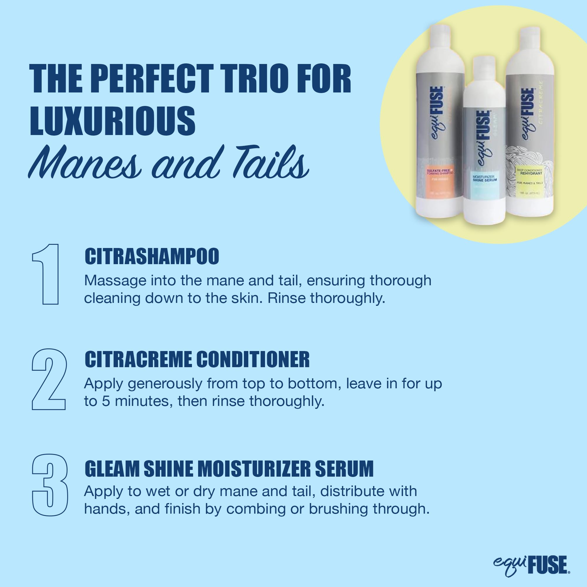 EquiFUSE Gleam dust-free shine on horse mane and tail.