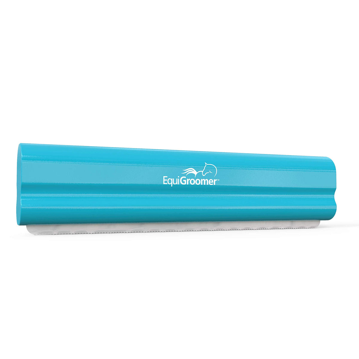 EquiGroomer deshedding brush in turquoise removes loose fur from horses and large pets.