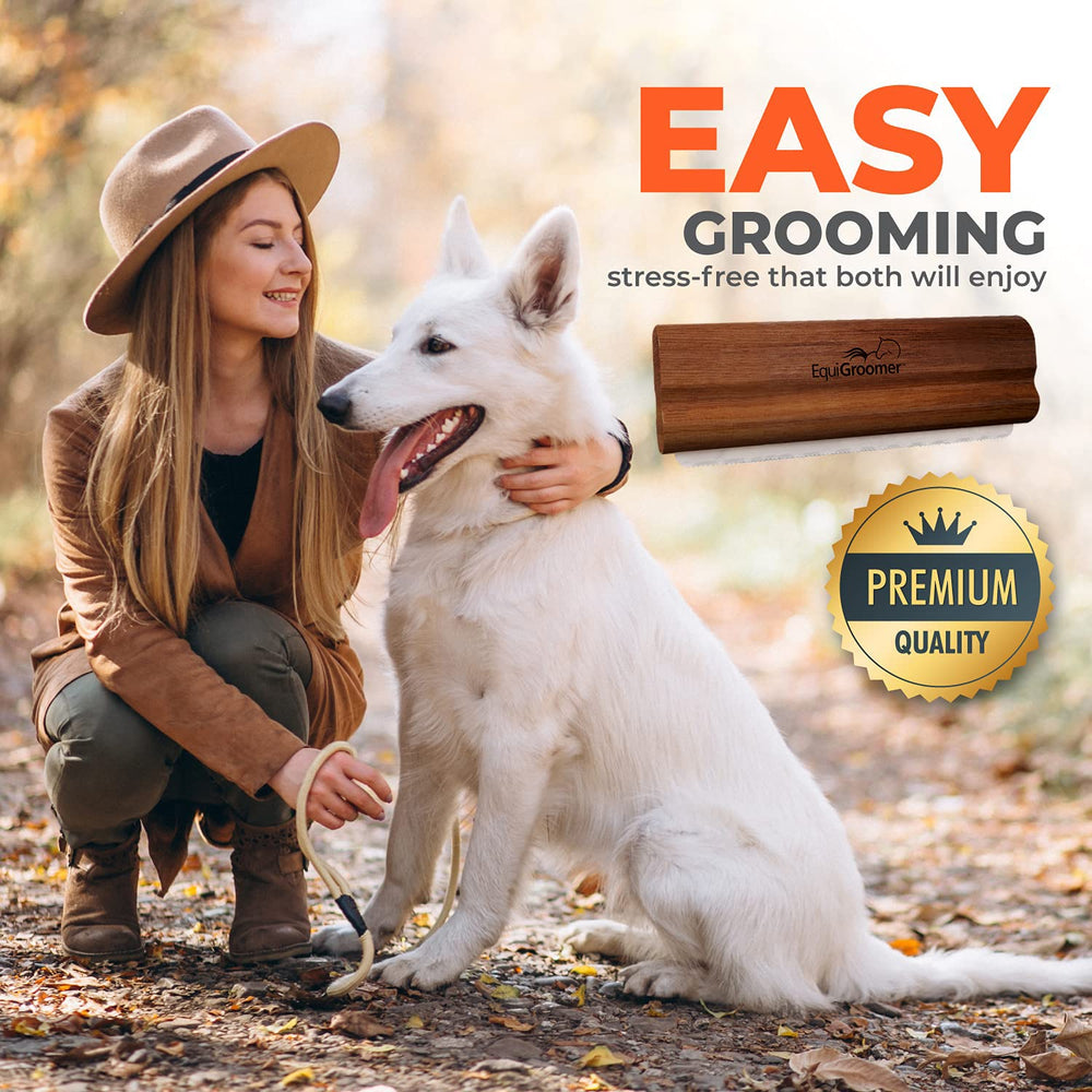EquiGroomer EasyGroomer deshedding brush in action on a dog: reduced shedding