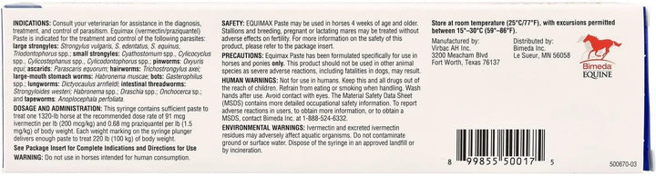 Equimax apple flavored paste ready for easy administration to a horse.